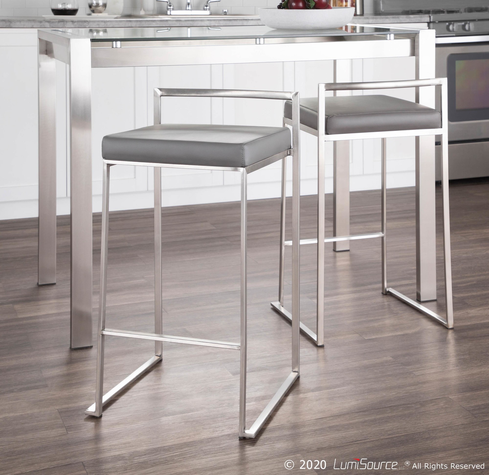 Fuji 26" Contemporary Grey Faux Leather Counter Stools (Set of 3) 3 Fuji 26" Contemporary Grey Faux Leather Counter Stools (Set of 3) - Image 3