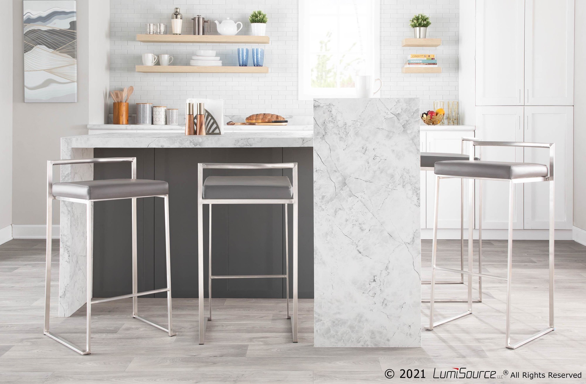 Fuji 26" Contemporary Grey Faux Leather Counter Stools (Set of 3) 6 Fuji 26" Contemporary Grey Faux Leather Counter Stools (Set of 3) - Image 6