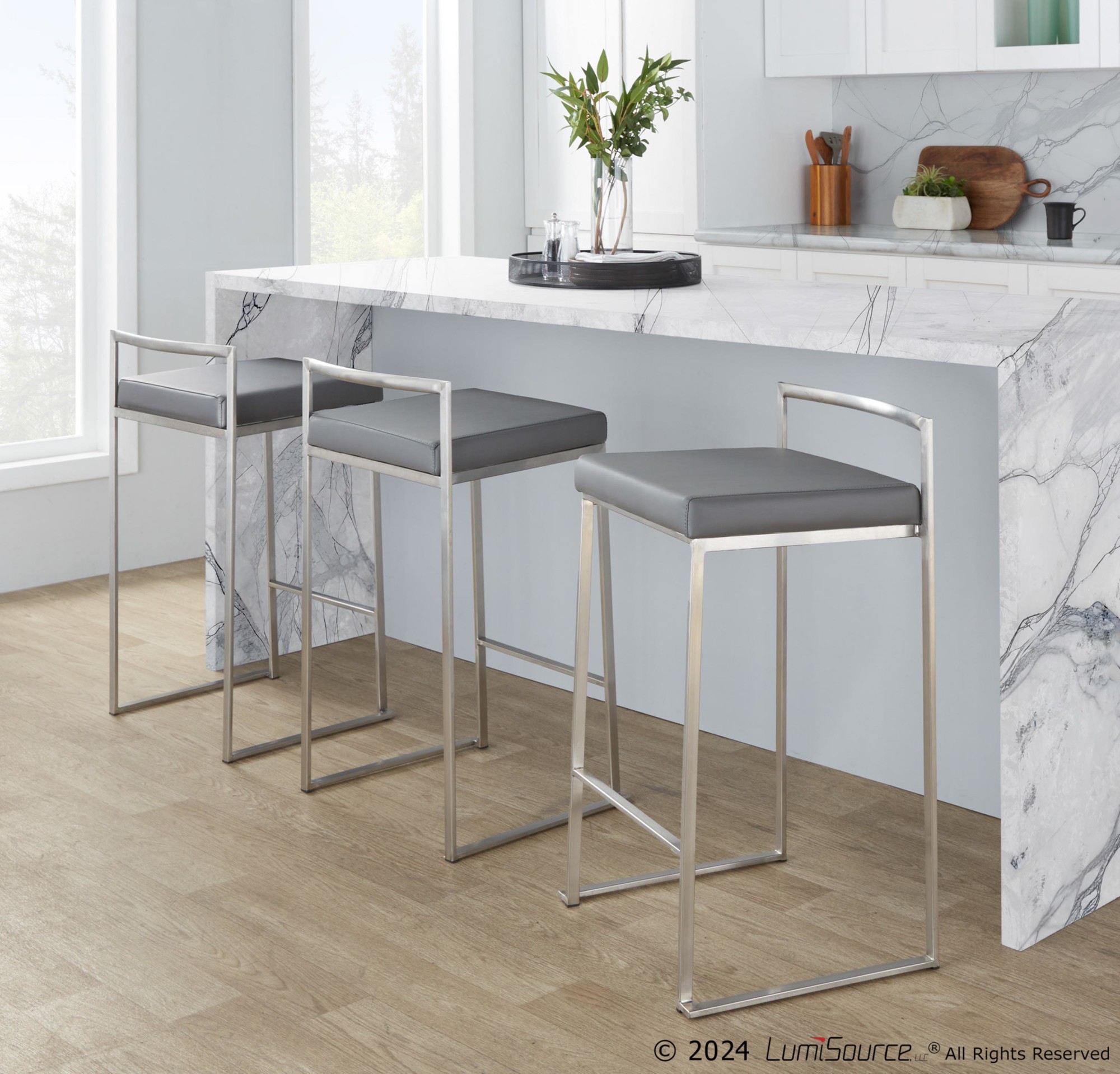 Fuji 26" Contemporary Grey Faux Leather Counter Stools (Set of 3) 1 Fuji 26" Contemporary Grey Faux Leather Counter Stools (Set of 3)