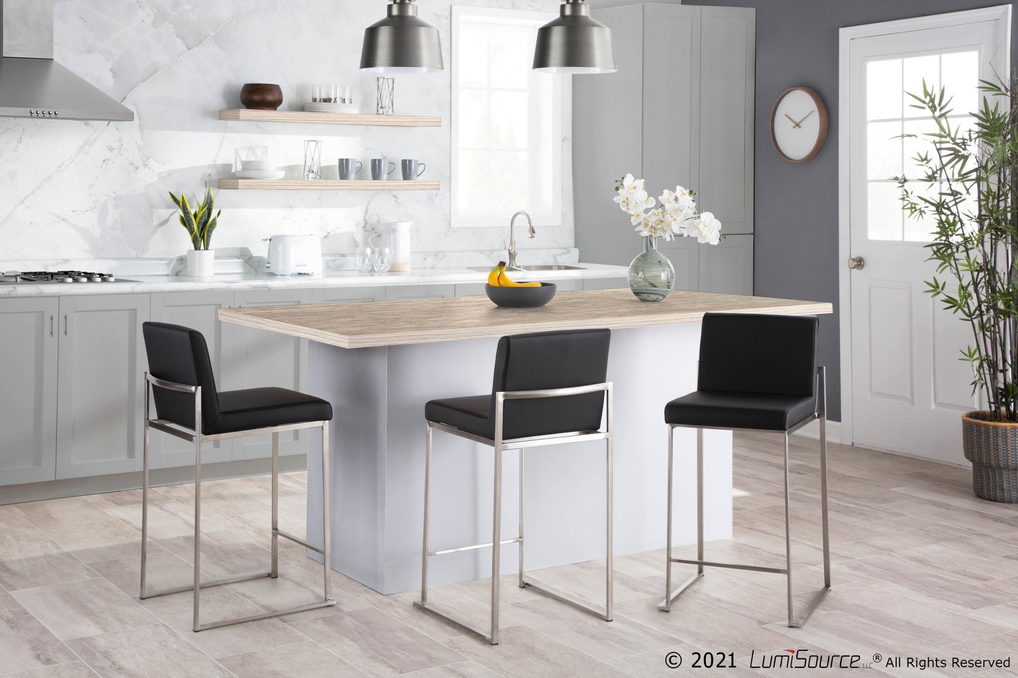 Fuji 26" Contemporary High Back Counter Stools Stainless Black (Set of 3) (Set of 3) 2 Fuji 26" Contemporary High Back Counter Stools Stainless Black (Set of 3) (Set of 3) - Image 2