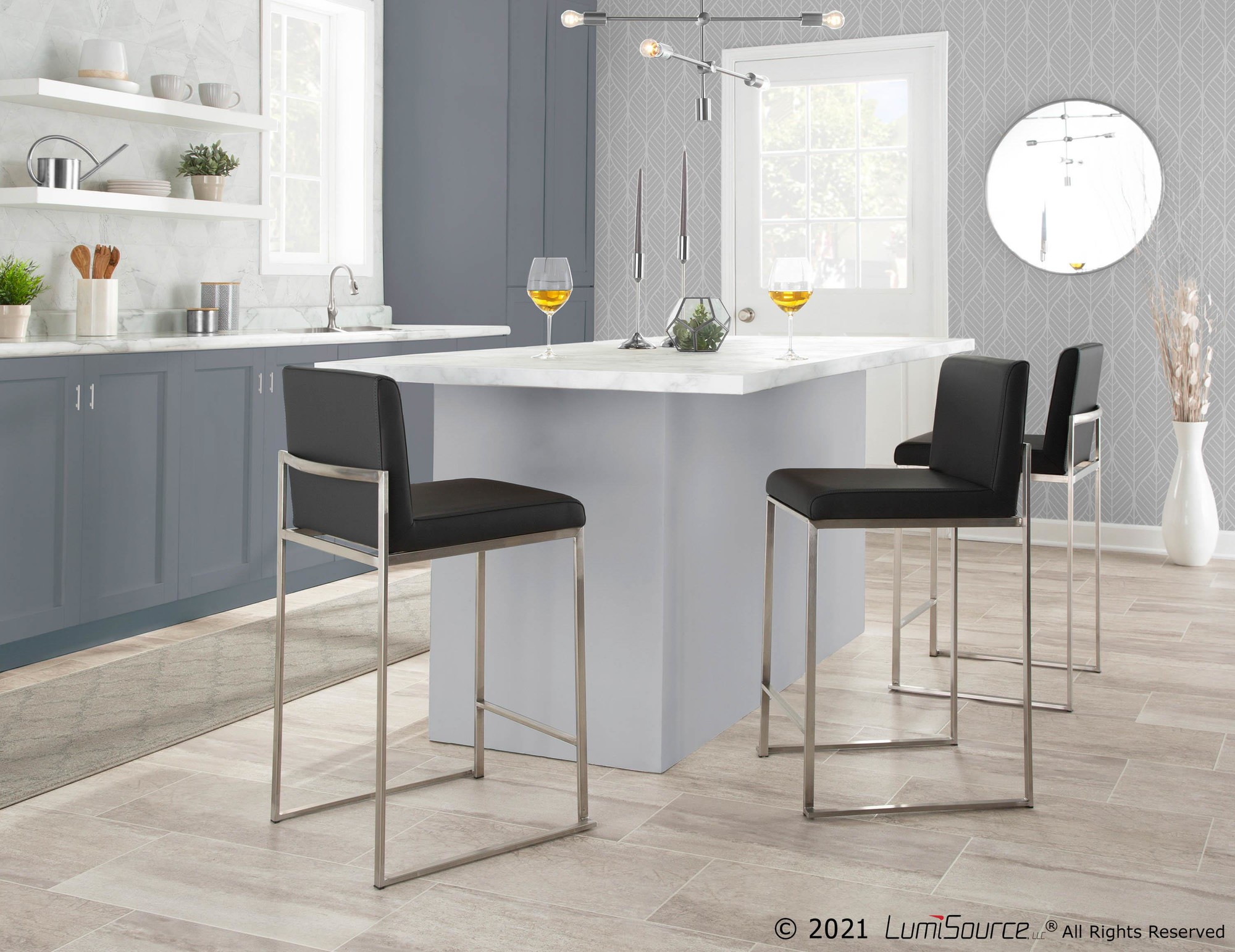 Fuji 26" Contemporary High Back Counter Stools Stainless Black (Set of 3) (Set of 3) 3 Fuji 26" Contemporary High Back Counter Stools Stainless Black (Set of 3) (Set of 3) - Image 3