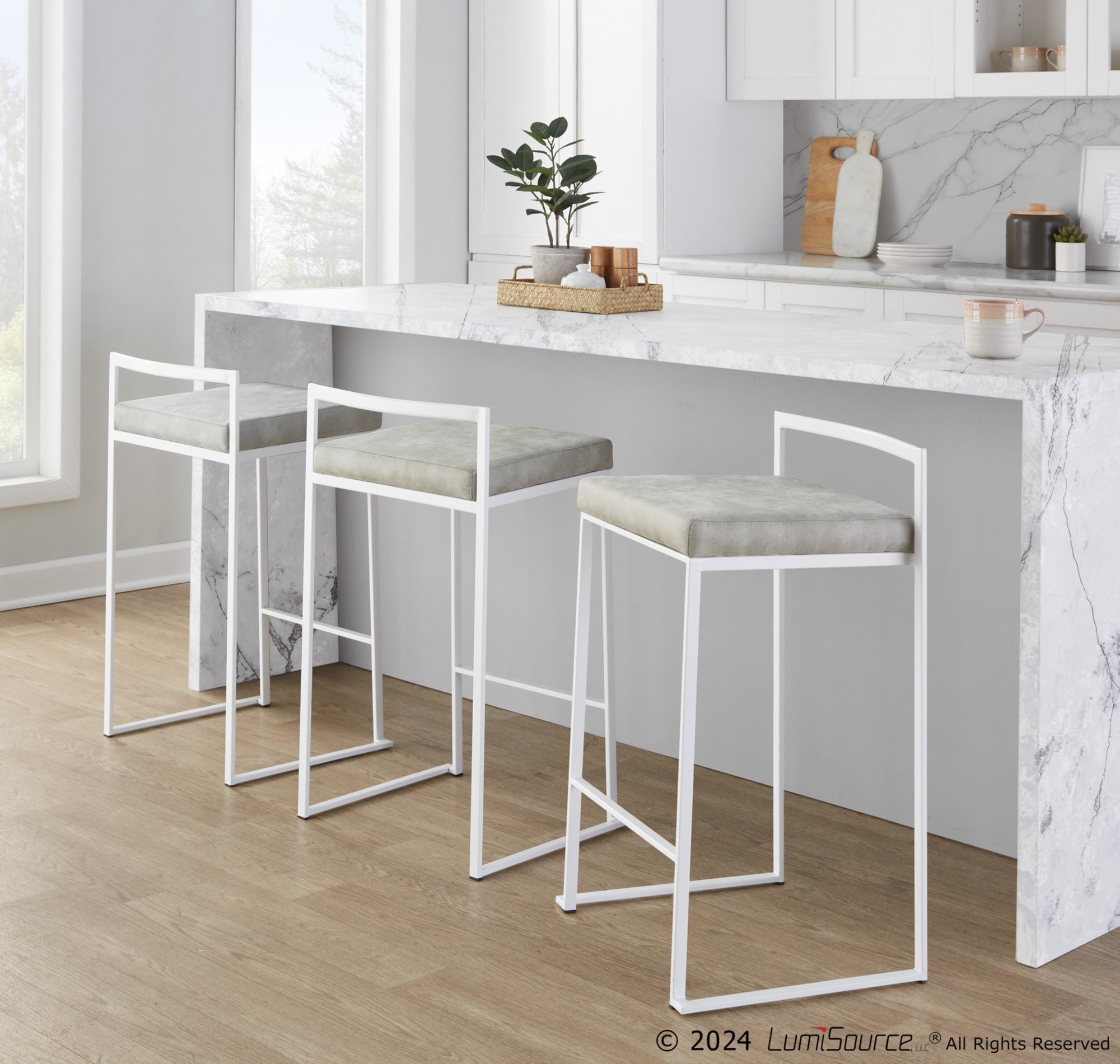 Fuji 26" Contemporary Stackable Counter Stools in White Metal and Light Grey Fabric (Set of 3) (Set of 3) 3 Fuji 26" Contemporary Stackable Counter Stools in White Metal and Light Grey Fabric (Set of 3) (Set of 3) - Image 3