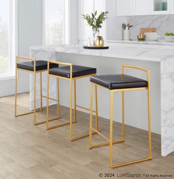 Fuji 26 Gold Black Faux Leather Contemporary Counter Stools Set of 3 1