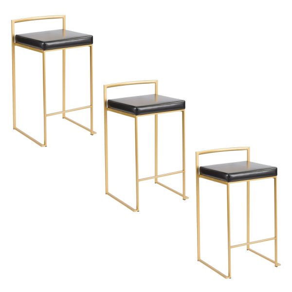 Fuji 26 Gold Black Faux Leather Contemporary Counter Stools Set of 3 12