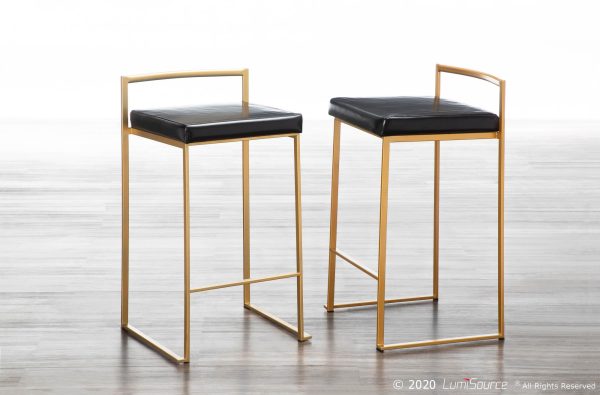 Fuji 26 Gold Black Faux Leather Contemporary Counter Stools Set of 3 2