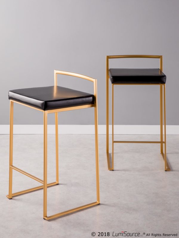 Fuji 26 Gold Black Faux Leather Contemporary Counter Stools Set of 3 5
