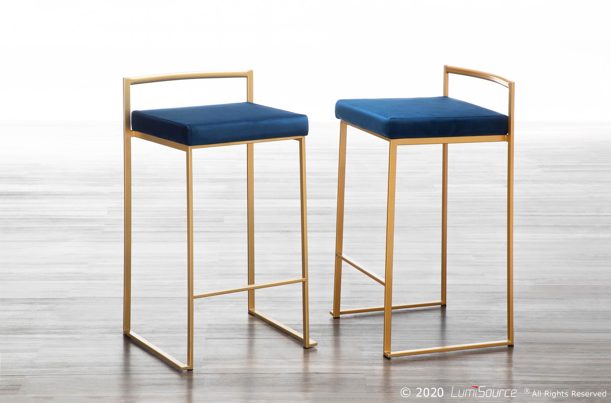 Fuji 26 Gold Blue Velvet Contemporary Stackable Counter Stools (Set of 3) 2 Fuji 26 Gold Blue Velvet Contemporary Stackable Counter Stools (Set of 3) - Image 2