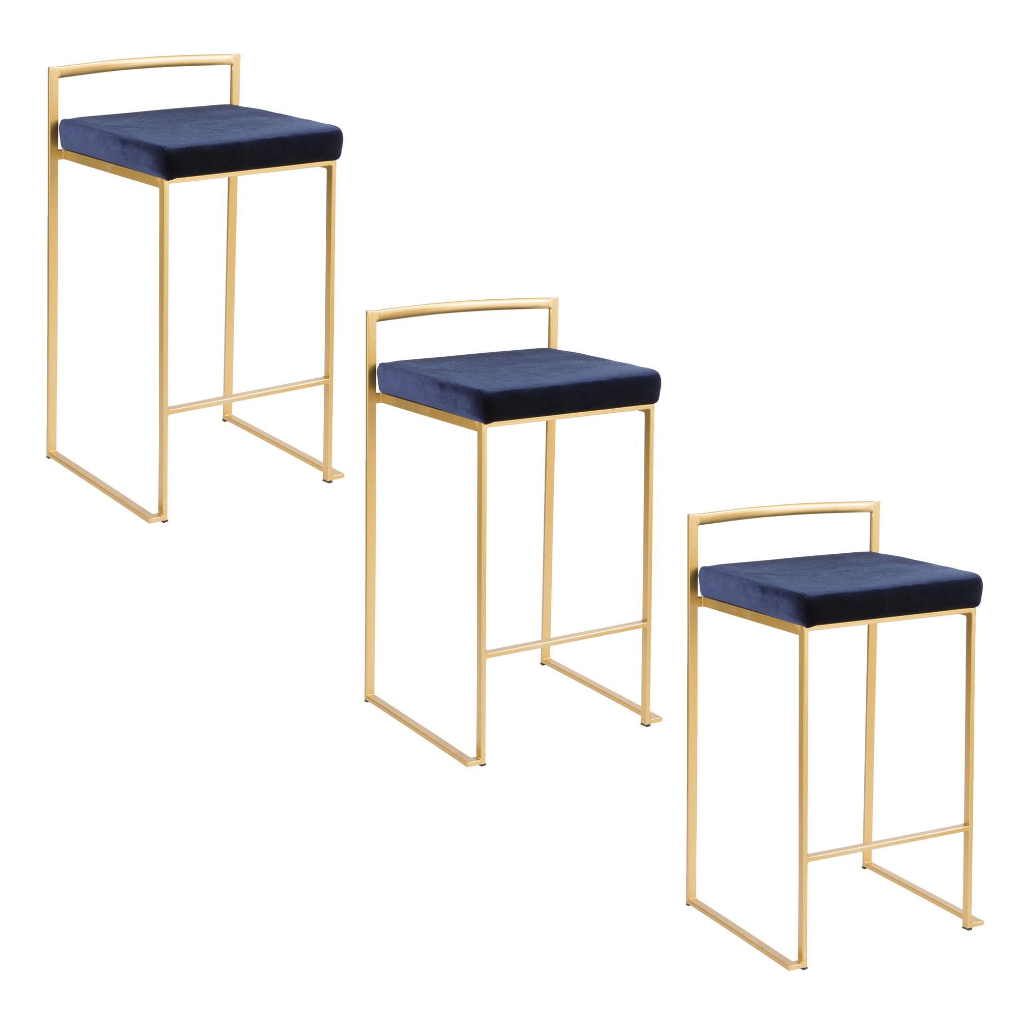 Fuji 26 Gold Blue Velvet Contemporary Stackable Counter Stools (Set of 3) 12 Fuji 26 Gold Blue Velvet Contemporary Stackable Counter Stools (Set of 3) - Image 12