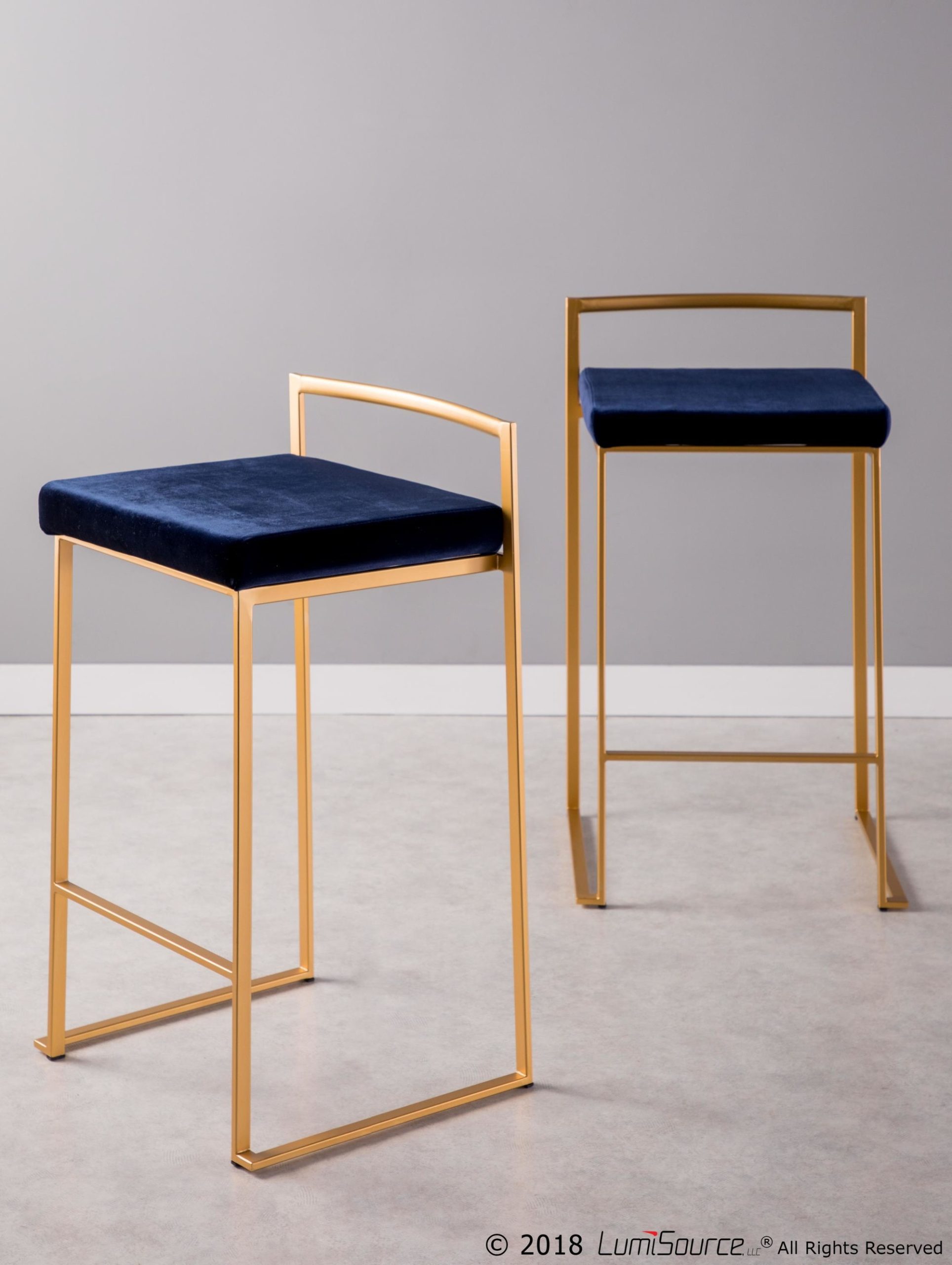 Fuji 26 Gold Blue Velvet Contemporary Stackable Counter Stools (Set of 3) 4 Fuji 26 Gold Blue Velvet Contemporary Stackable Counter Stools (Set of 3) - Image 4