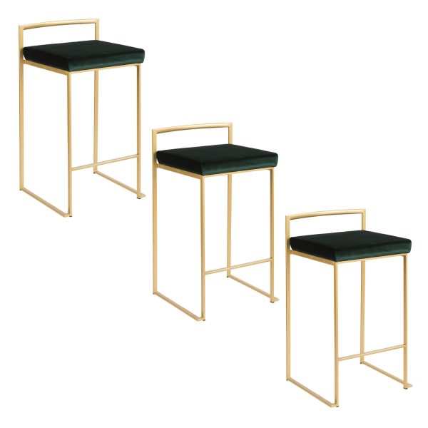 Fuji 26 Gold Green Velvet Contemporary Counter Stools Set of 3 13