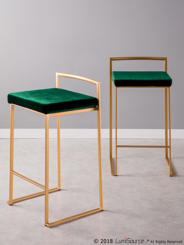 Fuji 26 Gold Green Velvet Contemporary Counter Stools Set of 3 2