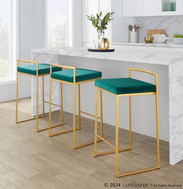 Fuji 26 Gold Green Velvet Contemporary Counter Stools Set of 3 3