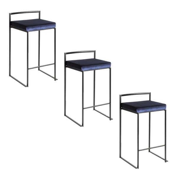 Fuji 26 Inch Black Metal Blue Velvet Contemporary Stools Set of 3 11