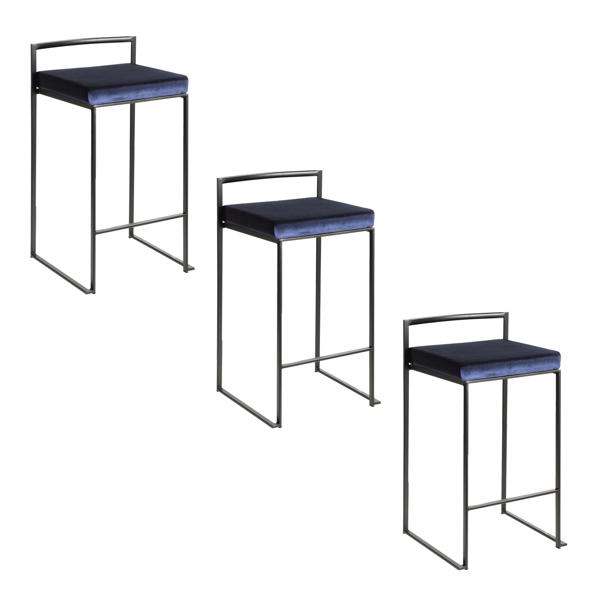 Fuji 26-Inch Black Metal Blue Velvet Contemporary Stools (Set of 3) 12 Fuji 26-Inch Black Metal Blue Velvet Contemporary Stools (Set of 3) - Image 12