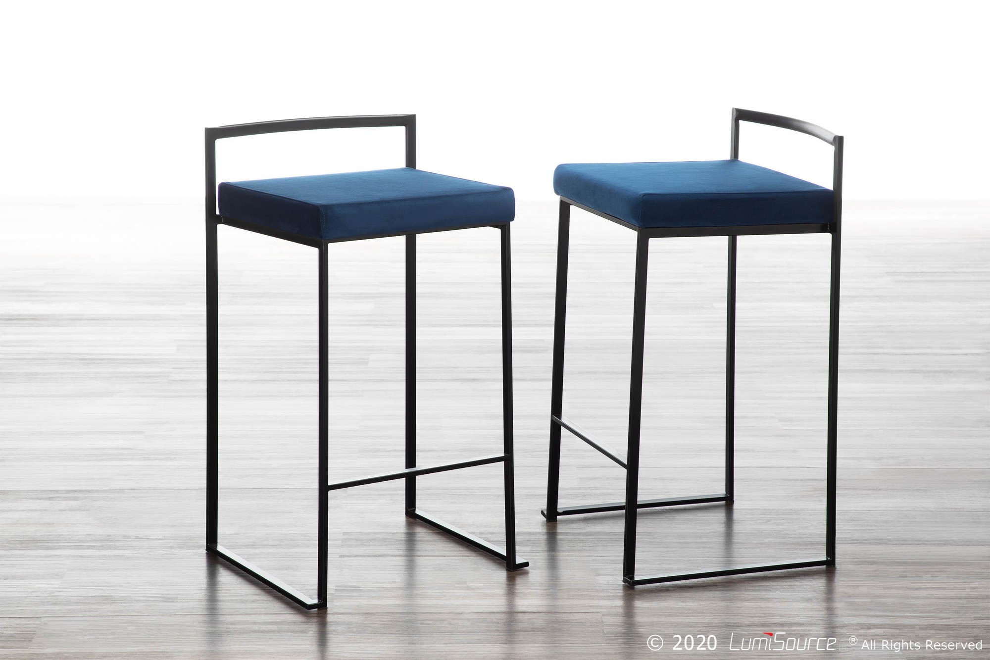 Fuji 26-Inch Black Metal Blue Velvet Contemporary Stools (Set of 3) 3 Fuji 26-Inch Black Metal Blue Velvet Contemporary Stools (Set of 3) - Image 3