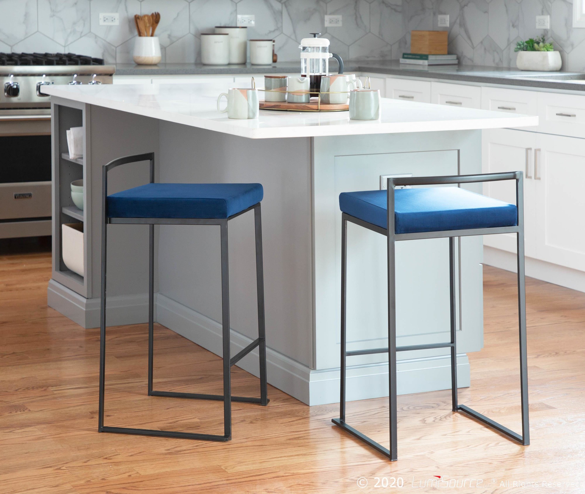 Fuji 26-Inch Black Metal Blue Velvet Contemporary Stools (Set of 3) 4 Fuji 26-Inch Black Metal Blue Velvet Contemporary Stools (Set of 3) - Image 4