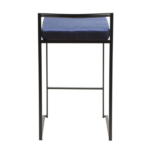 Fuji 26 Inch Black Metal Blue Velvet Contemporary Stools Set of 3 8