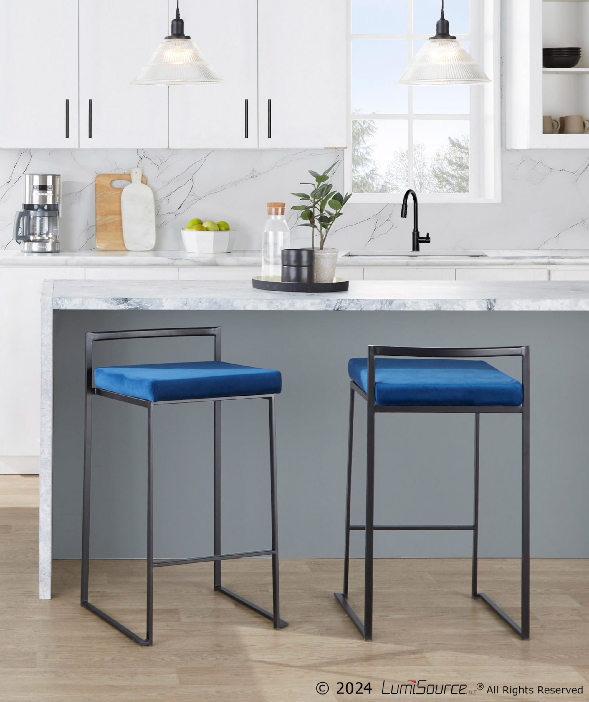 Fuji 26-Inch Black Metal Blue Velvet Contemporary Stools (Set of 3) 1 Fuji 26-Inch Black Metal Blue Velvet Contemporary Stools (Set of 3)