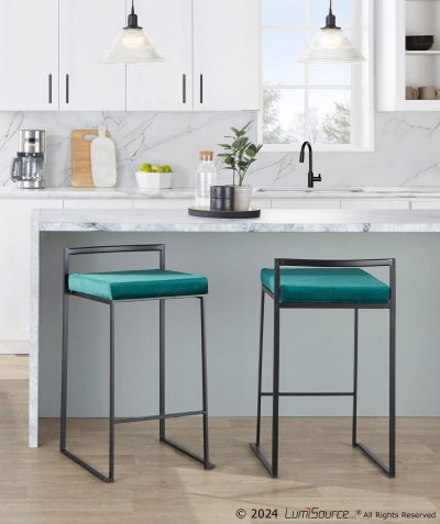 Fuji 26-Inch Black Metal Green Velvet Contemporary Stool (Set of 3)