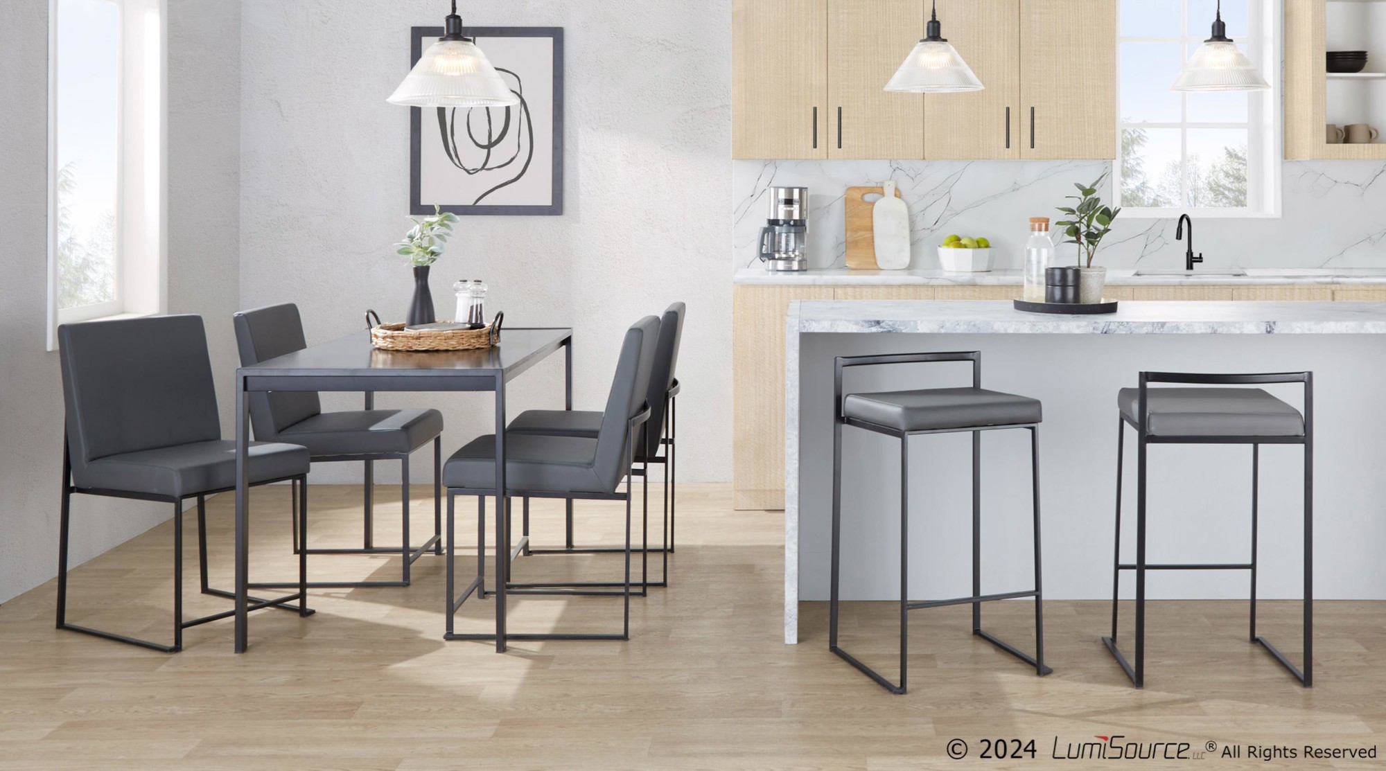 Fuji 26 Inch Black Metal Grey Faux Leather Stools (Set of 3) 2 Fuji 26 Inch Black Metal Grey Faux Leather Stools (Set of 3) - Image 2