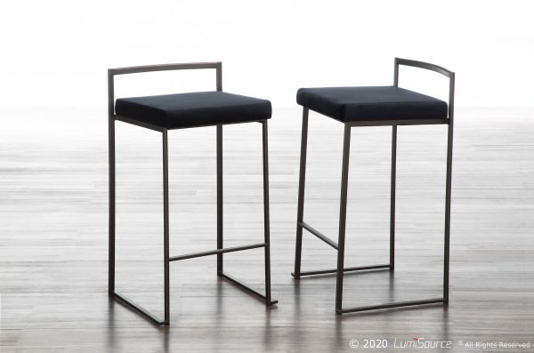 Fuji 26 Inch Black Velvet Industrial Counter Stool Set of 3