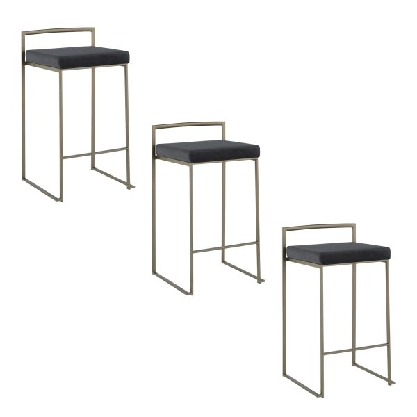 Fuji 26 Inch Black Velvet Industrial Counter Stool Set of 3 7