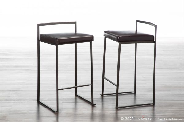 Fuji 26 Inch Brown Faux Leather Industrial Counter Stools Set of 3