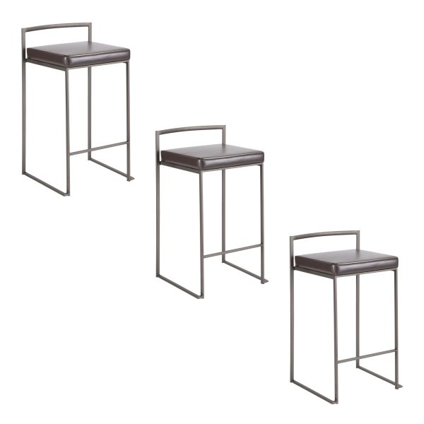 Fuji 26 Inch Brown Faux Leather Industrial Counter Stools Set of 3 9