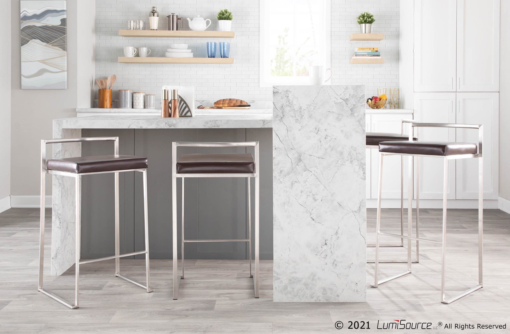 Fuji 26-Inch Contemporary Brown Faux Leather Counter Stool (Set of 3) 4 Fuji 26-Inch Contemporary Brown Faux Leather Counter Stool (Set of 3) - Image 4