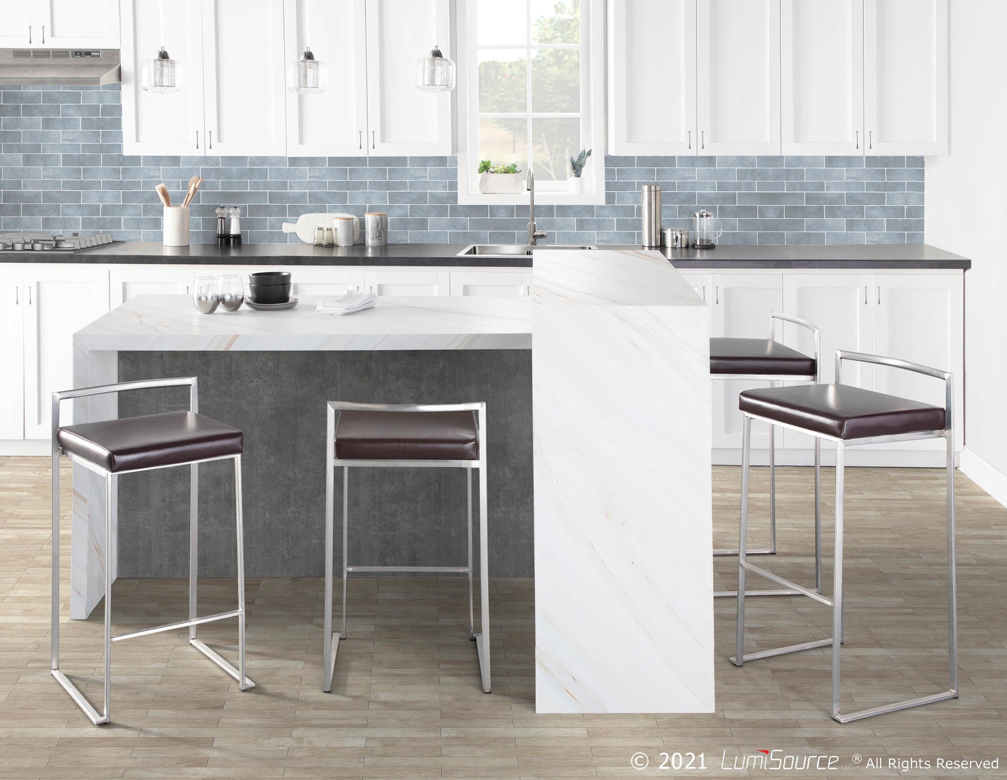 Fuji 26-Inch Contemporary Brown Faux Leather Counter Stool (Set of 3) 5 Fuji 26-Inch Contemporary Brown Faux Leather Counter Stool (Set of 3) - Image 5