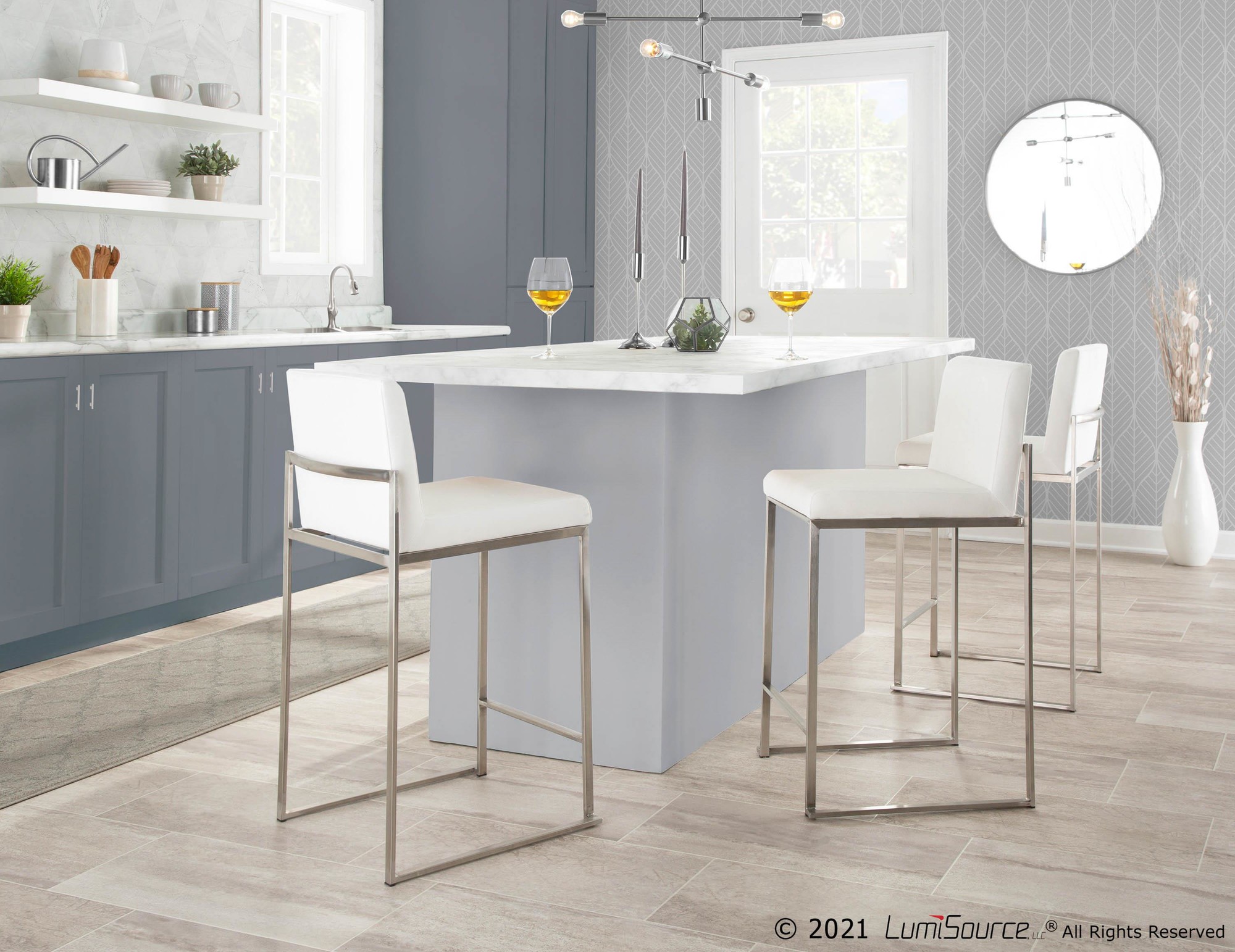 Fuji 26-Inch Contemporary White Velvet Counter Stool (Set of 3) 3 Fuji 26-Inch Contemporary White Velvet Counter Stool (Set of 3) - Image 3