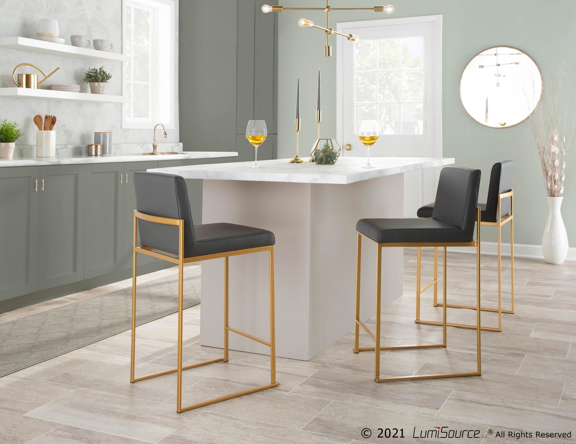 Fuji 26-Inch Gold Steel Grey Contemporary Counter Stool (Set of 3) 2 Fuji 26-Inch Gold Steel Grey Contemporary Counter Stool (Set of 3) - Image 2