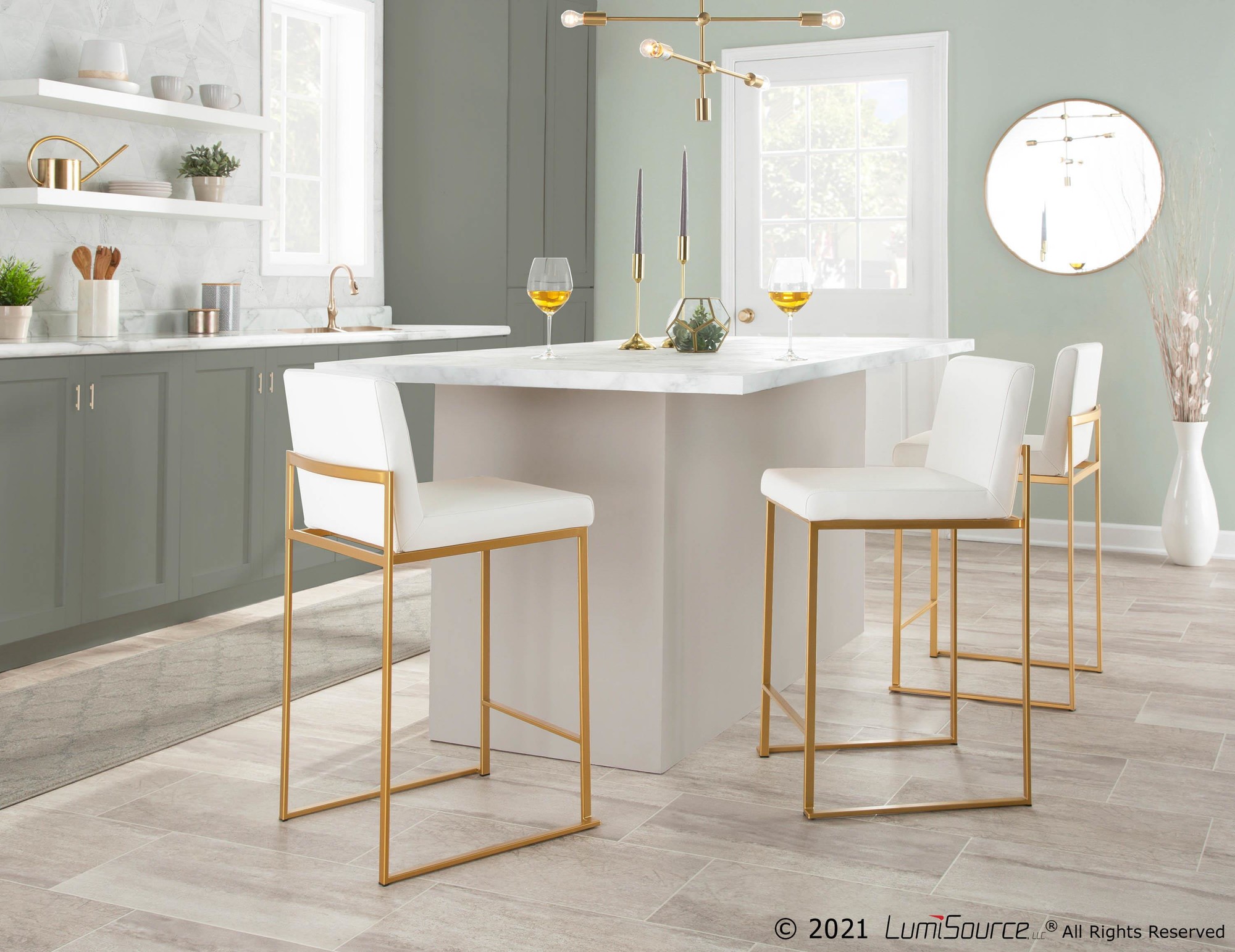 Fuji 26-Inch Gold Steel White Contemporary Counter Stool (Set of 3) 2 Fuji 26-Inch Gold Steel White Contemporary Counter Stool (Set of 3) - Image 2