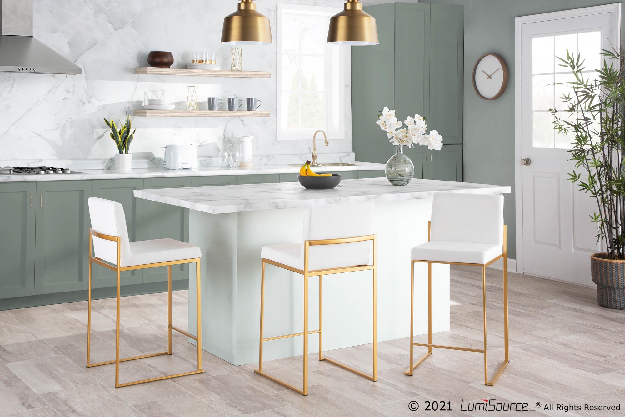 Fuji 26-Inch Gold Steel White Contemporary Counter Stool (Set of 3) 1 Fuji 26-Inch Gold Steel White Contemporary Counter Stool (Set of 3)