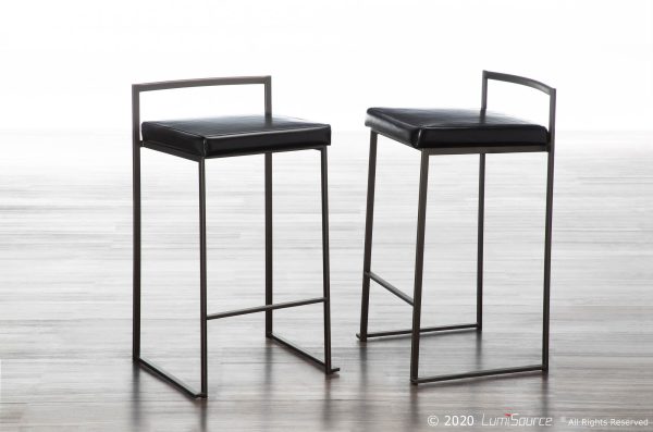 Fuji 26 Inch Industrial Stackable Black Faux Leather Counter Stools Set of 3 1