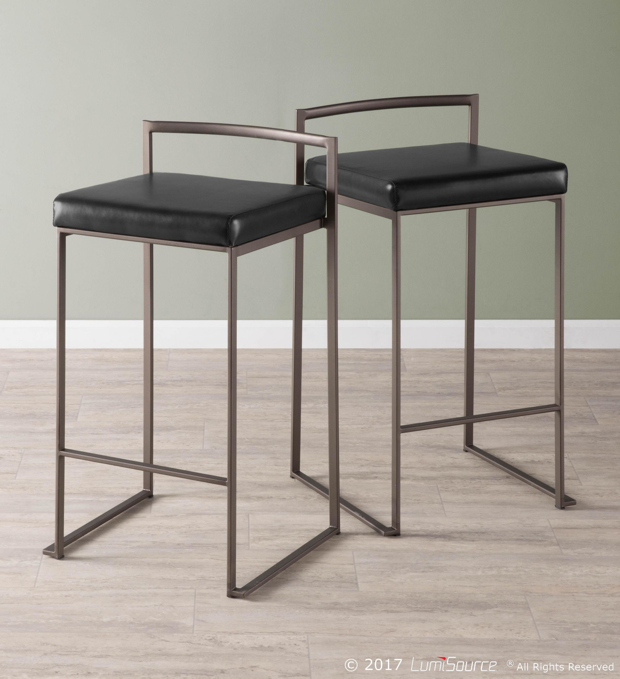 Fuji 26-Inch Industrial Stackable Black Faux Leather Counter Stools (Set of 3) 3 Fuji 26-Inch Industrial Stackable Black Faux Leather Counter Stools (Set of 3) - Image 3