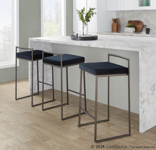 Fuji 26 Inch Industrial Stackable Black Faux Leather Counter Stools Set of 3