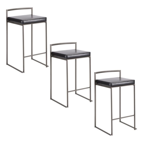 Fuji 26 Inch Industrial Stackable Black Faux Leather Counter Stools Set of 3 9
