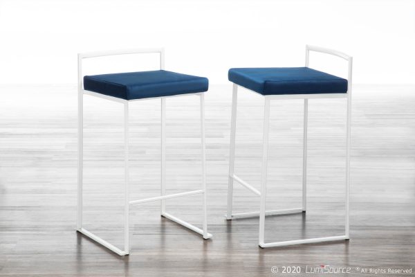 Fuji 26 Inch White Metal Blue Velvet Contemporary Stools Set of 3 1