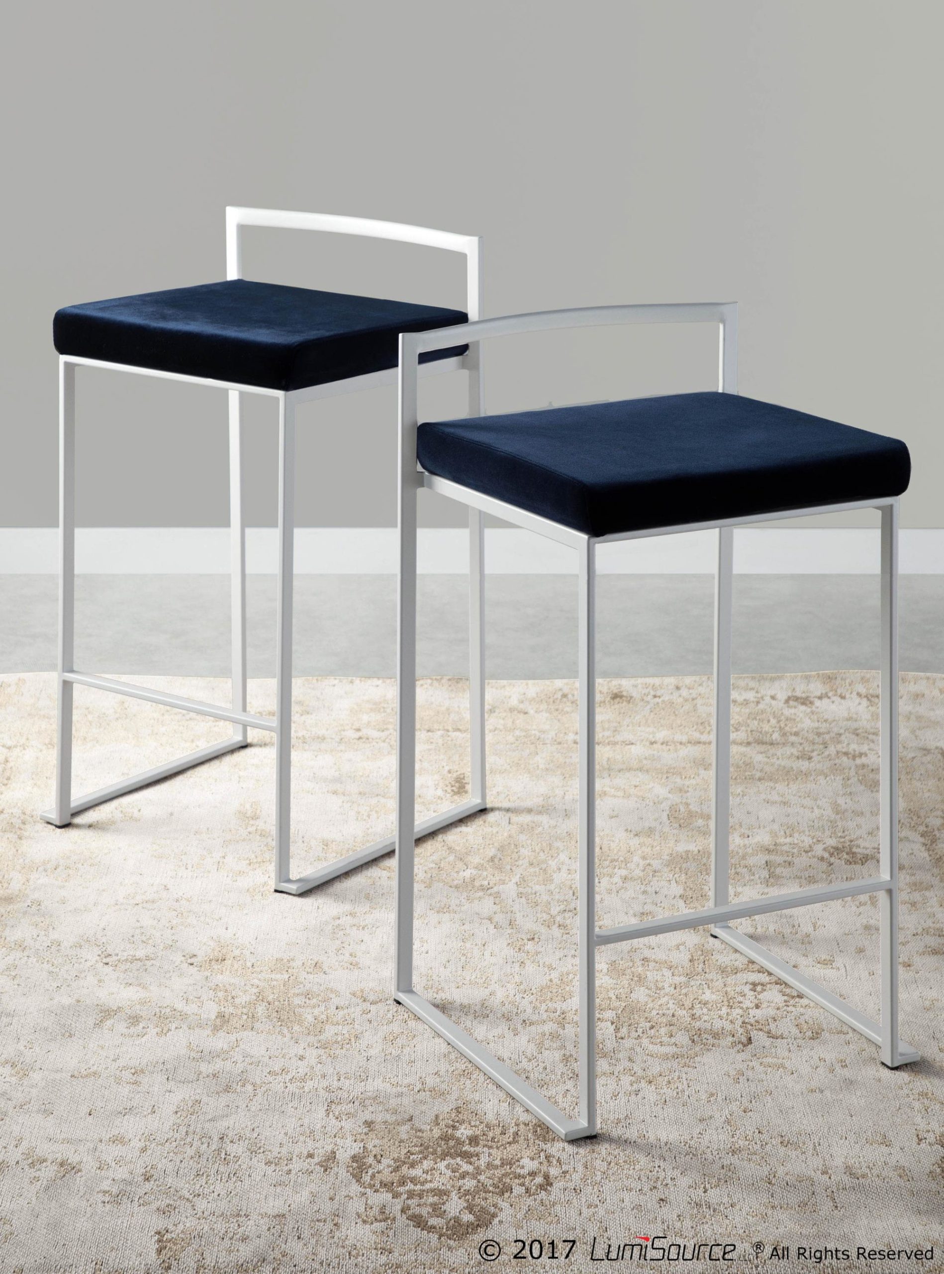 Fuji 26-Inch White Metal Blue Velvet Contemporary Stools (Set of 3) 3 Fuji 26-Inch White Metal Blue Velvet Contemporary Stools (Set of 3) - Image 3