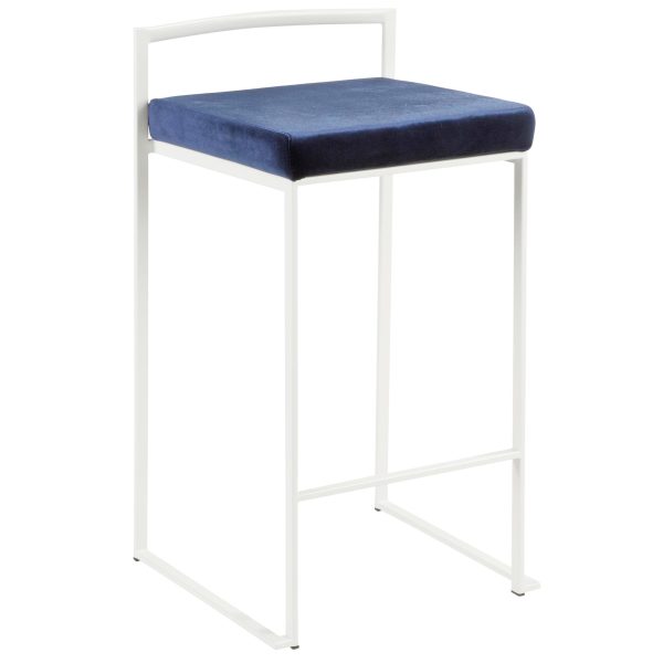 Fuji 26 Inch White Metal Blue Velvet Contemporary Stools Set of 3 3