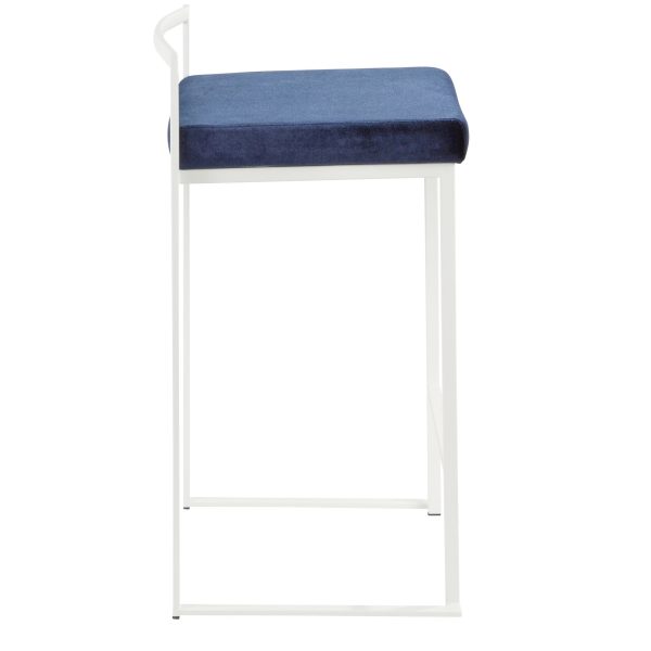 Fuji 26 Inch White Metal Blue Velvet Contemporary Stools Set of 3 4