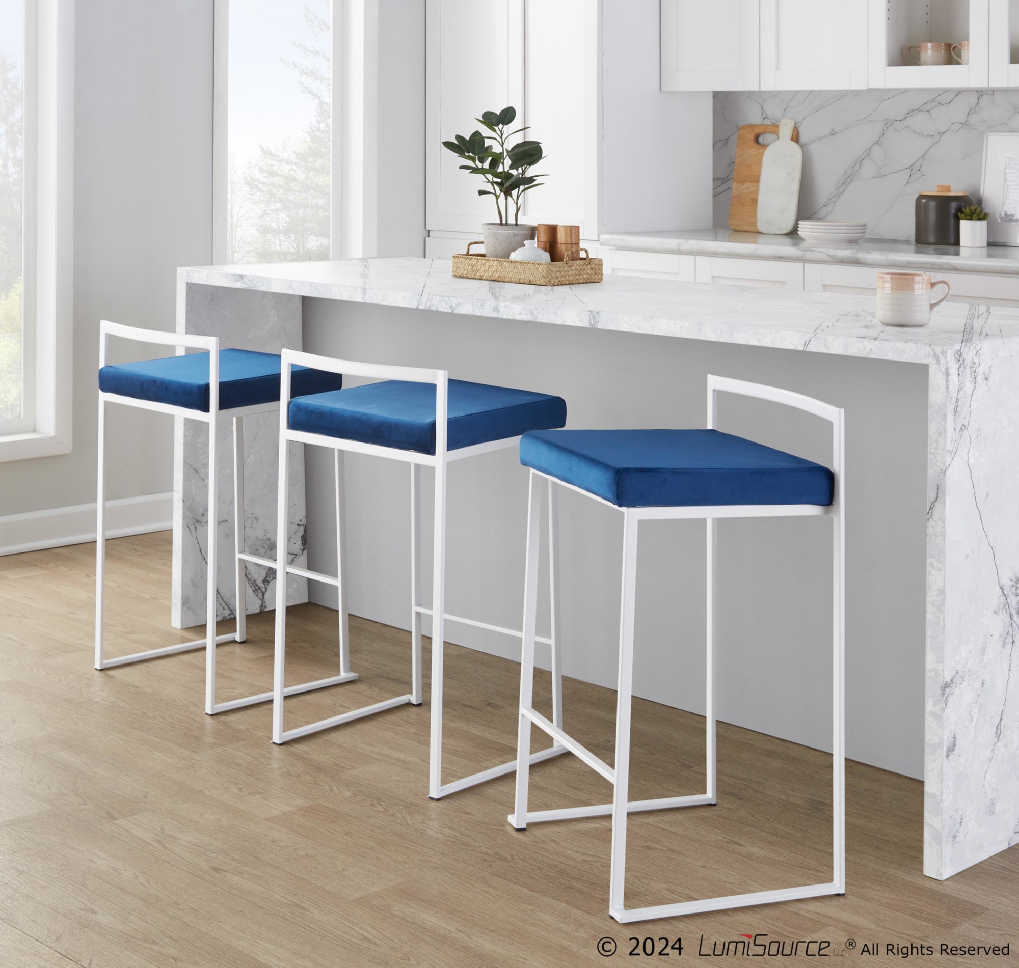 Fuji 26-Inch White Metal Blue Velvet Contemporary Stools (Set of 3) 1 Fuji 26-Inch White Metal Blue Velvet Contemporary Stools (Set of 3)