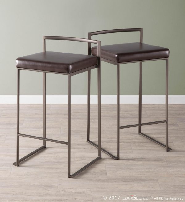 Fuji 26 Industrial Stackable Counter Stools Antique Metal and Bamboo Seat Set of 3 Set of 3 2
