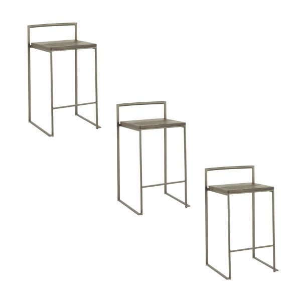 Fuji 26 Industrial Stackable Counter Stools Antique Metal and Bamboo Seat Set of 3 Set of 3 4