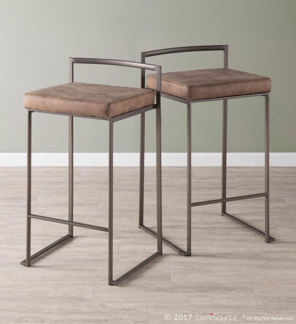 Fuji 26 Industrial Stackable Counter Stools Brown Fabric Set of 3 Set of 3 1