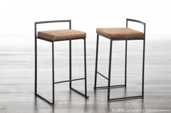 Fuji 26 Industrial Stackable Counter Stools Brown Fabric Set of 3 Set of 3