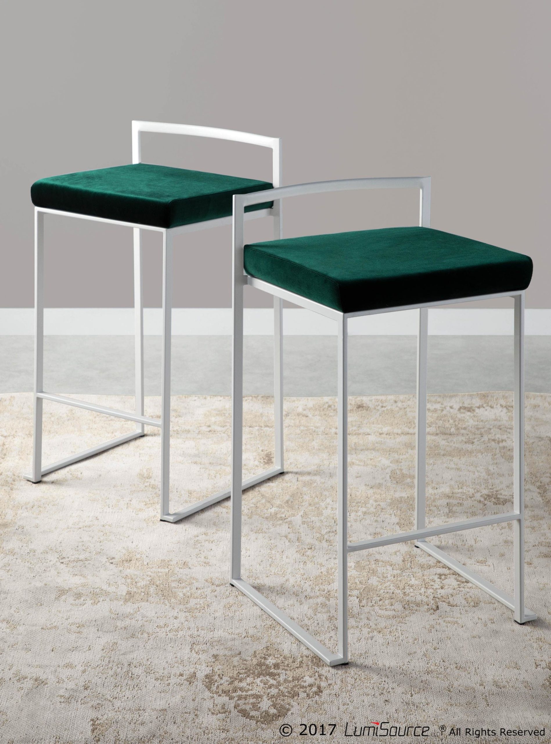 Fuji 26 White Contemporary Stackable Counter Stool Green Velvet (Set of 3) 2 Fuji 26 White Contemporary Stackable Counter Stool Green Velvet (Set of 3) - Image 2
