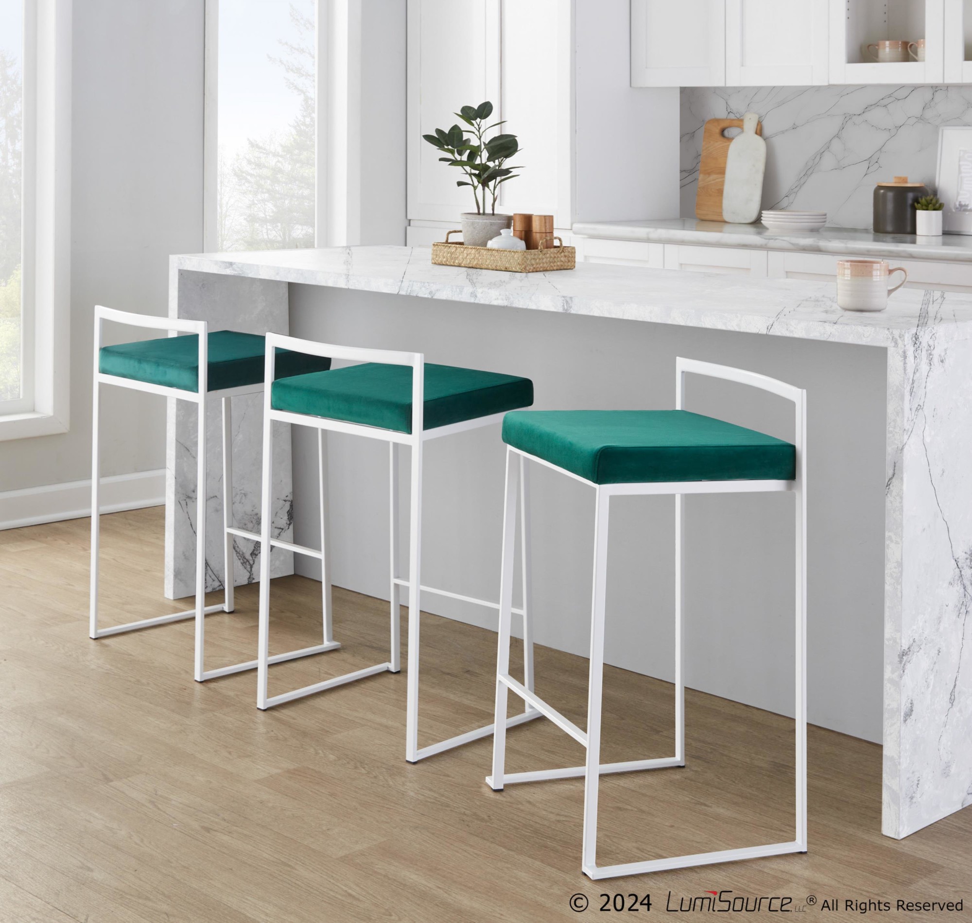 Fuji 26 White Contemporary Stackable Counter Stool Green Velvet (Set of 3) 3 Fuji 26 White Contemporary Stackable Counter Stool Green Velvet (Set of 3) - Image 3
