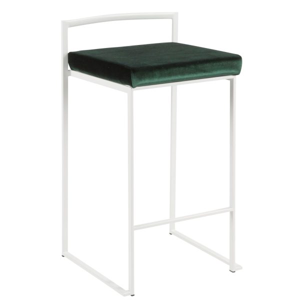 Fuji 26 White Contemporary Stackable Counter Stool Green Velvet Set of 3 3